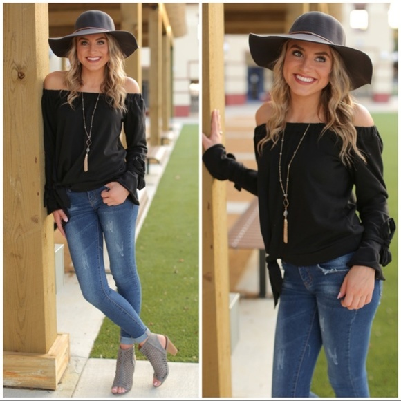 LAST ONE! Black Off Shoulder French Terry Tie Top - Picture 2 of 3